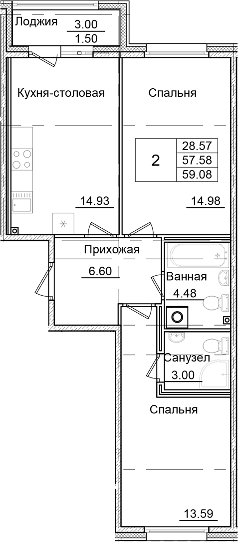 2-комнатная квартира 59.08 м², 2/9 эт., ЖК «Квартал Заречье»
